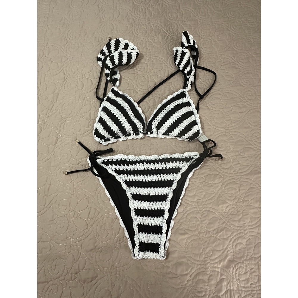 Chelsea And Violet Black & White Crochet Two Piece String Bikini Side XL NWOT